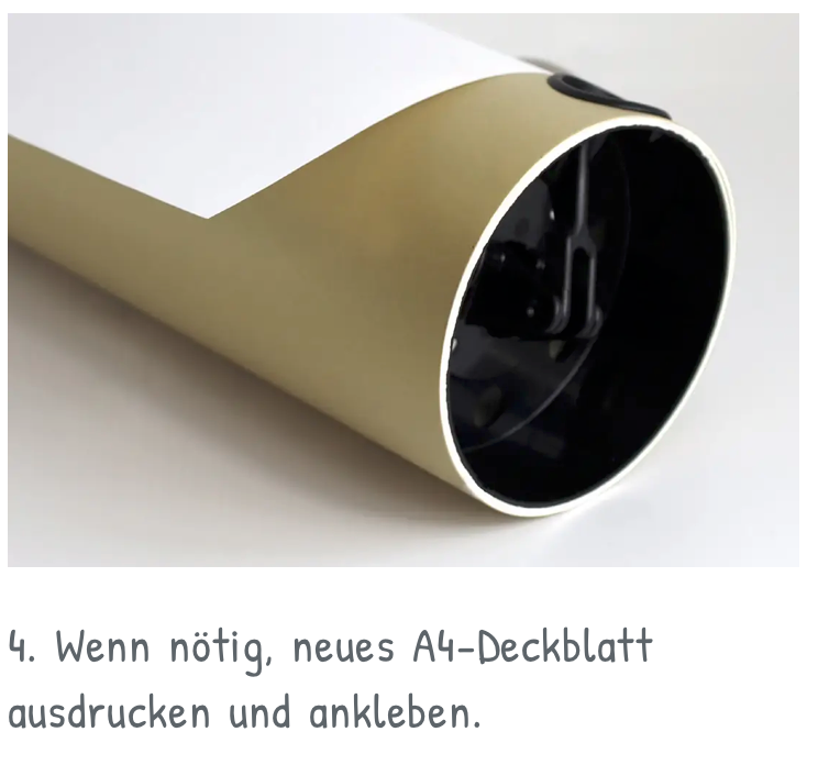 Anleitung, Tischbombe wiederverwenbar, 4. Wenn nötig, neues A4-Deckblatt ausdrucken und ankleben