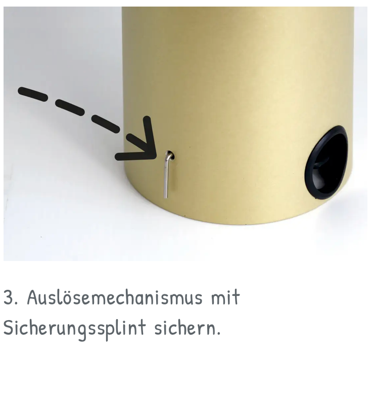 Anleitung, Tischbombe wiederverwenbar, 3. Auslösemechanismus mit Sicherungssplint sichern.